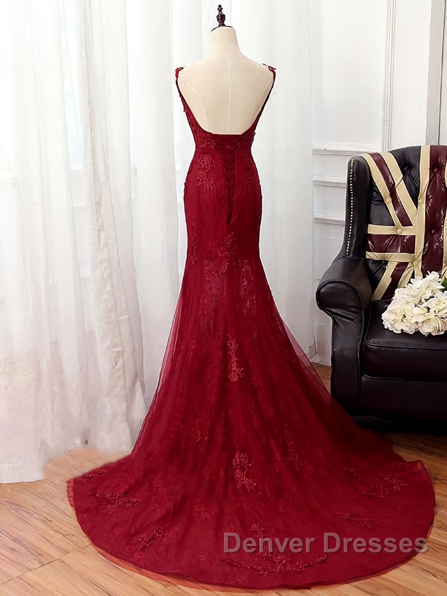 V Neck Burgundy Mermaid Lace Prom Dress, Wine Red Mermaid Lace Formal Bridesmaid Dress