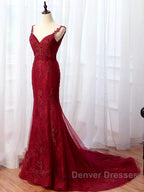 V Neck Burgundy Mermaid Lace Prom Dress, Wine Red Mermaid Lace Formal Bridesmaid Dress