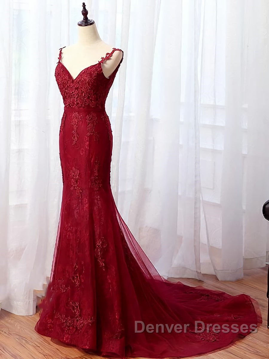 V Neck Burgundy Mermaid Lace Prom Dress, Wine Red Mermaid Lace Formal Bridesmaid Dress