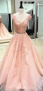 V Neck Cap Sleeves Peach Lace A-Line Long Evening Prom Dress