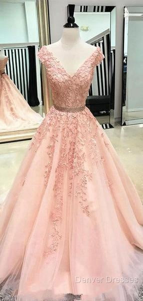 V Neck Cap Sleeves Peach Lace A-Line Long Evening Prom Dress