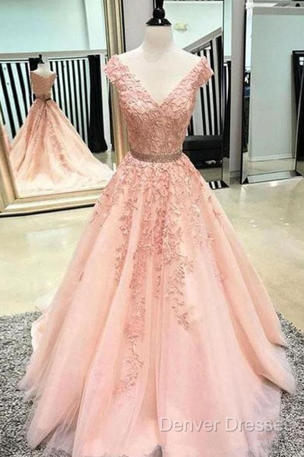 V Neck Cap Sleeves Peach Lace A-Line Long Evening Prom Dress