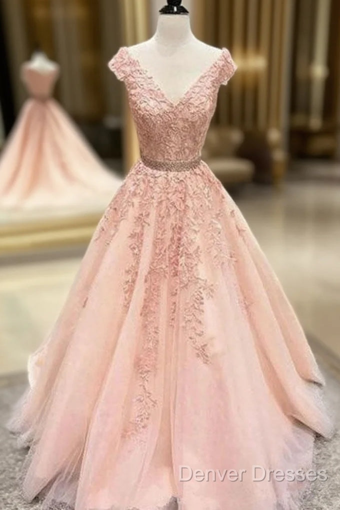 V Neck Cap Sleeves Peach Lace A-Line Long Evening Prom Dress Main image