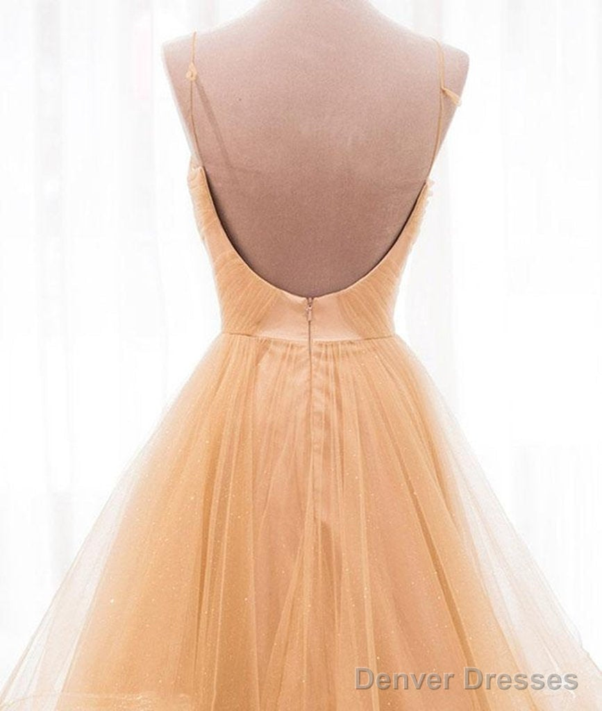 V Neck Champagne Backless Wedding Dresses, Champagne Backless Prom Dresses, Formal Dresses