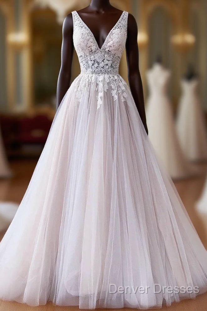 V Neck Champagne Lace Wedding Dress, V Neck Champagne Lace Formal Prom Dress Main image