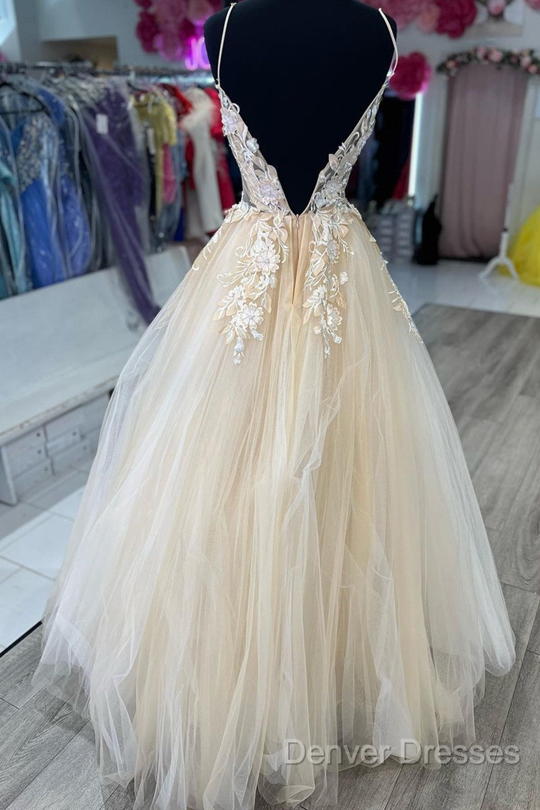 V Neck Champagne Tulle Lace Wedding Dress, Champagne Tulle Lace Formal Prom Dress