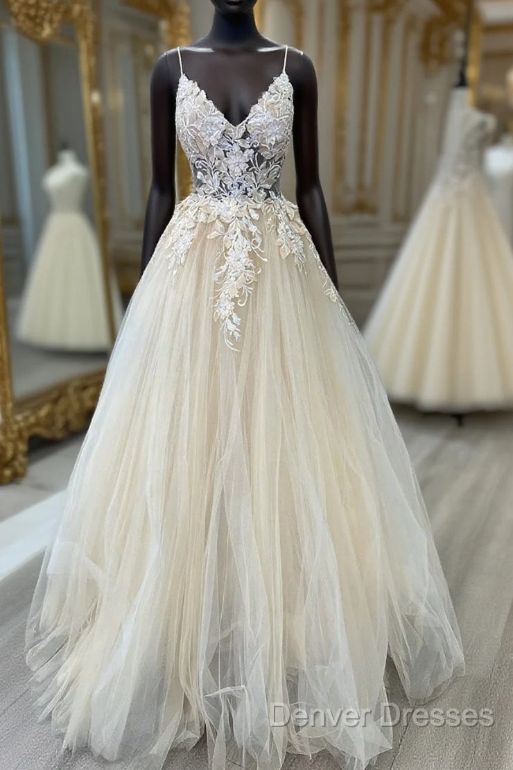 V Neck Champagne Tulle Lace Wedding Dress, Champagne Tulle Lace Formal Prom Dress Main image