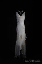 V-Neck Chiffon Beaded Long Prom Dress Simple Mermaid Wedding Dress