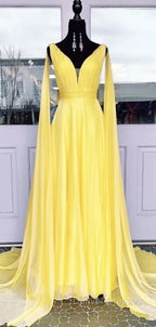 V-neck Chiffon Long Prom Dress, A-line Prom Dress