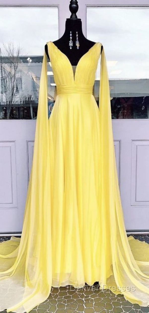 V-neck Chiffon Long Prom Dress, A-line Prom Dress