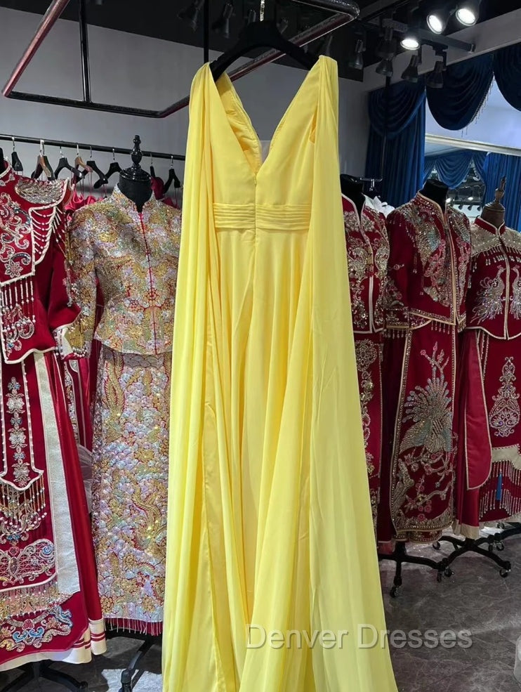 V-neck Chiffon Long Prom Dress, A-line Prom Dress