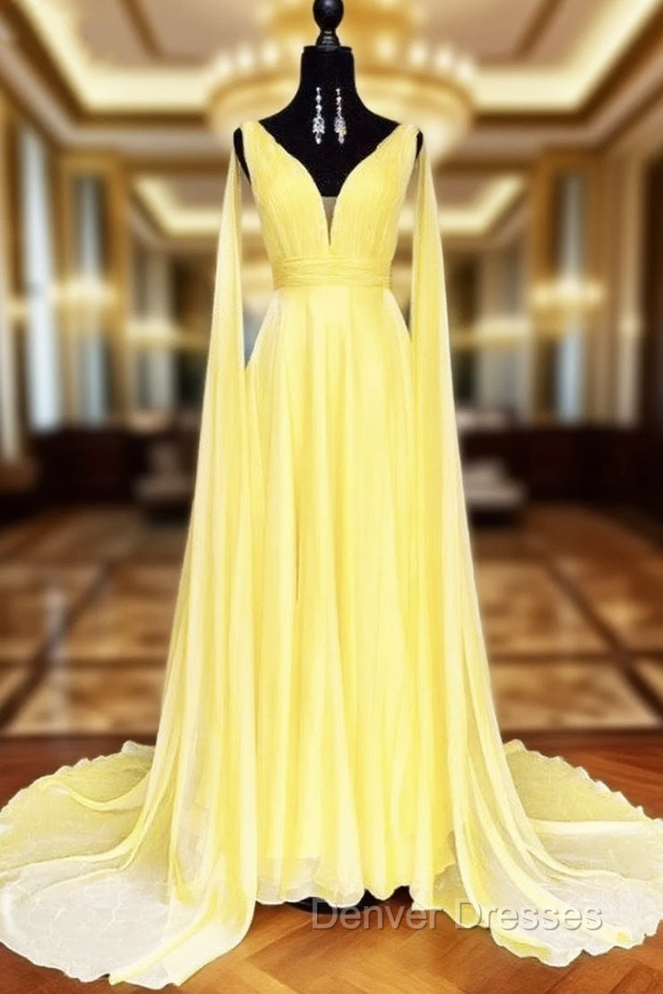 V-neck Chiffon Long Prom Dress, A-line Prom Dress