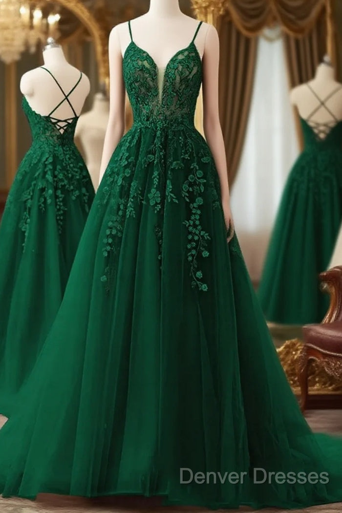 V Neck Dark Green Lace Long Prom Dress, V Neck Dark Green Lace Long Formal Evening Dress