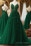 V Neck Dark Green Lace Long Prom Dress, V Neck Dark Green Lace Long Formal Evening Dress