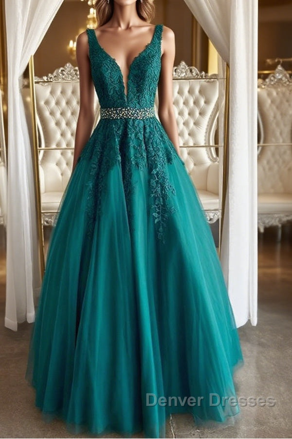 V Neck Dark Green Lace Prom Dress, Dark Green Lace Formal Evening Dress Main image