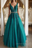 V Neck Dark Green Lace Prom Dress, Dark Green Lace Formal Evening Dress