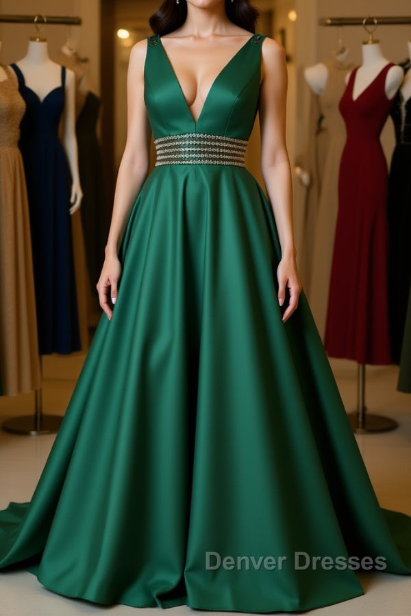 V Neck Emerald Green Satin Long Prom Dress, Emerald Green Formal Graduation Evening Dress