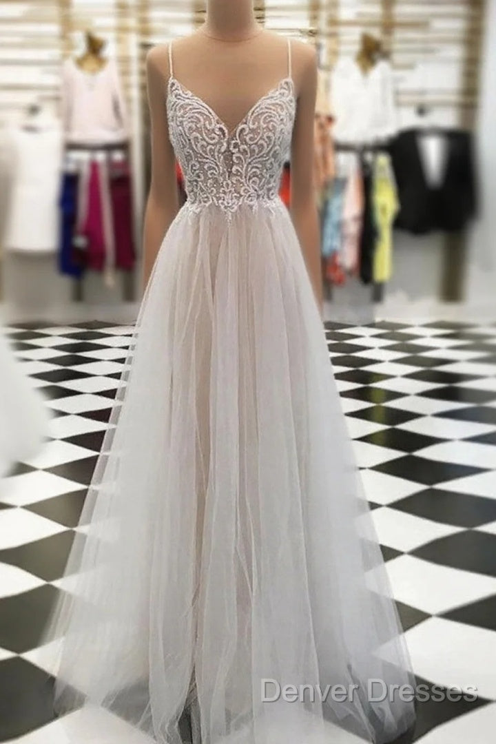 V Neck Floor Length Champagne Lace Prom Dress, Champagne Lace Wedding Dress, Evening Dress