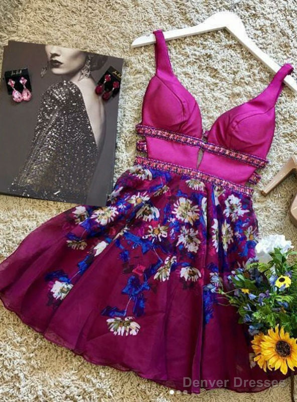 V Neck Floral Homecoming Dresses Ball Gown Fuchsia
