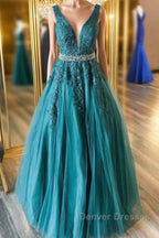 V Neck Green Lace Long Prom Dress with Beaded Belt, Long Green Lace Formal Evening Dress