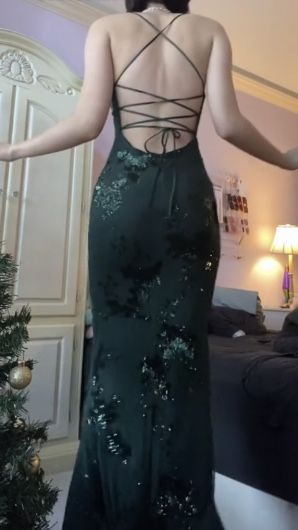 V Neck Green Prom Dress Evening Gowns With Sequin Appliques