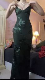 V Neck Green Prom Dress Evening Gowns With Sequin Appliques