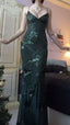 V Neck Green Prom Dress Evening Gowns With Sequin Appliques