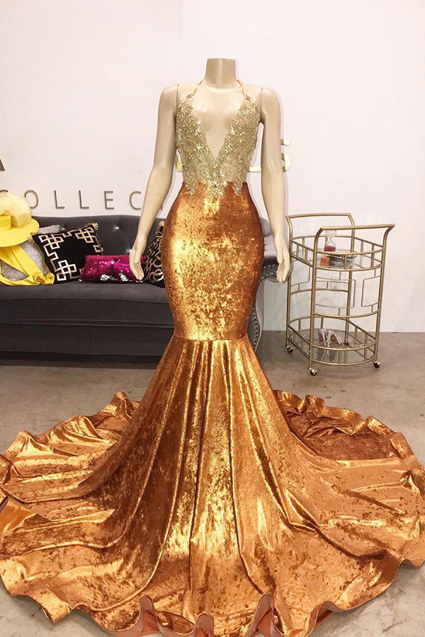 V-Neck Halter Beading Sequins Court Train Mermaid Prom Dresses Main image