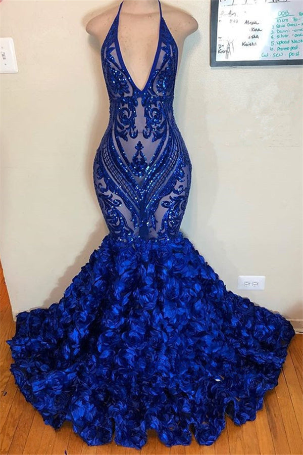 V-Neck Halter Sequins Pattern Floral Sweep Train Prom Dresses Secondary image