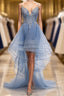 V Neck High Low Blue Lace Prom Dress, Blue Lace High Low Formal Evening Graduation Dress
