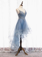 V Neck High Low Blue Lace Prom Dress, Blue Lace High Low Formal Evening Graduation Dress