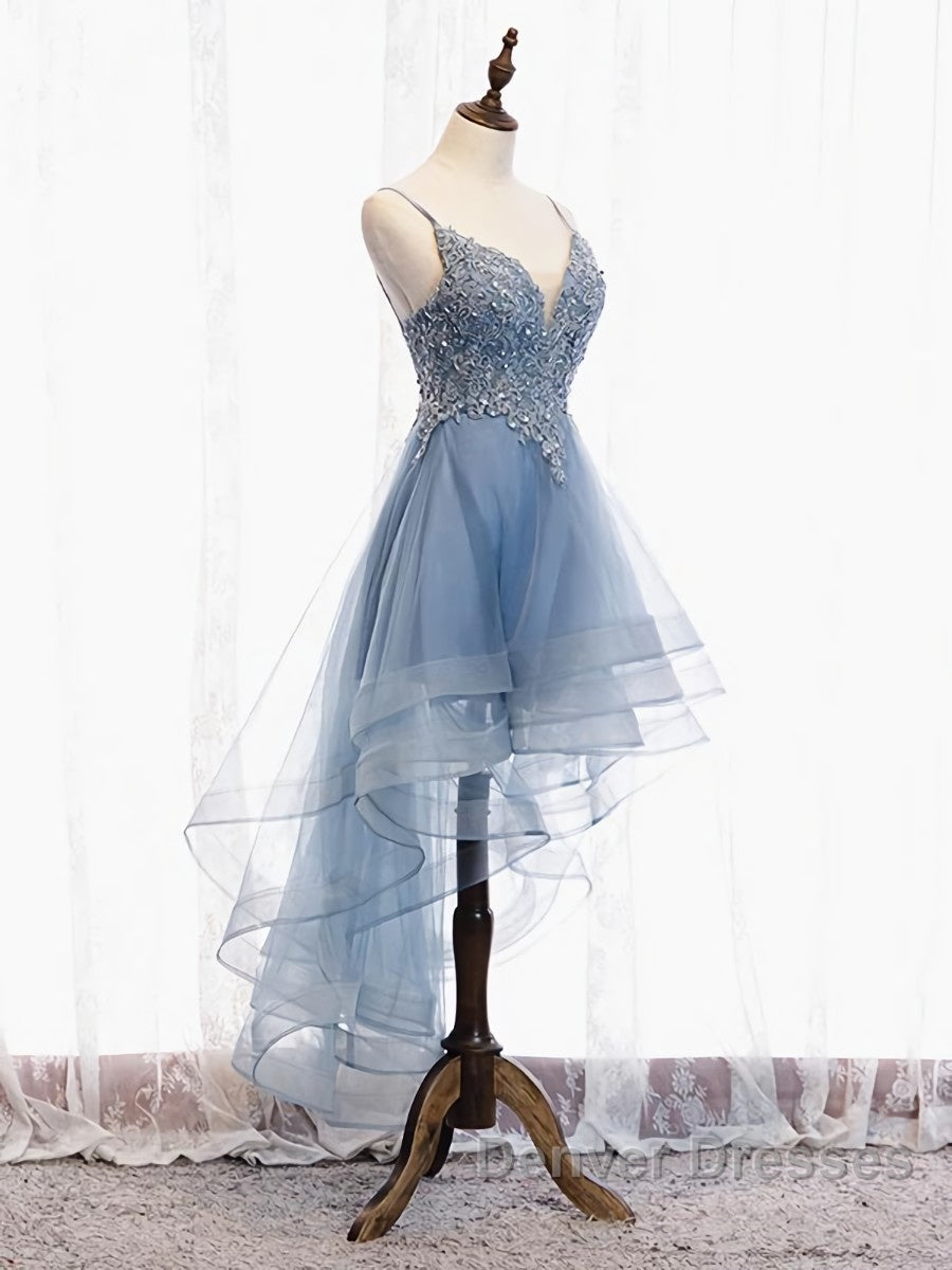 V Neck High Low Blue Lace Prom Dress, Blue Lace High Low Formal Evening Graduation Dress
