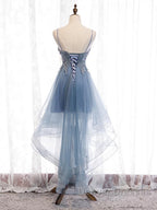 V Neck High Low Blue Lace Prom Dress, Blue Lace High Low Formal Evening Graduation Dress