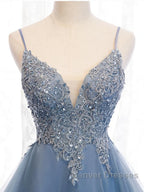 V Neck High Low Blue Lace Prom Dress, Blue Lace High Low Formal Evening Graduation Dress