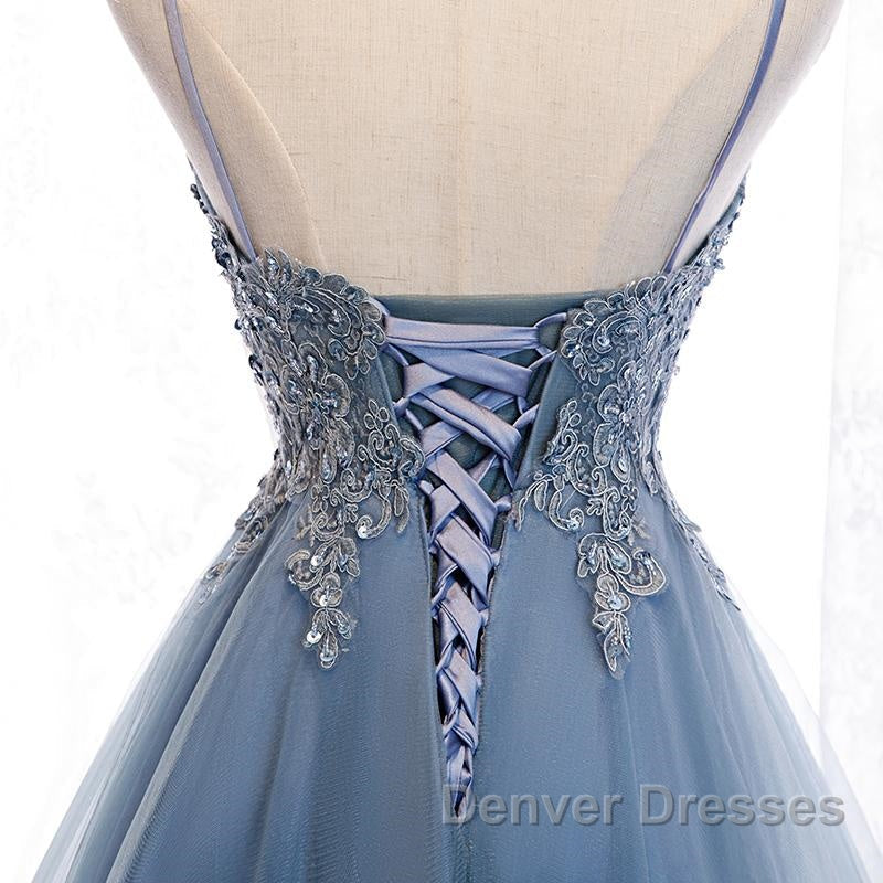 V Neck High Low Blue Lace Prom Dress, Blue Lace High Low Formal Evening Graduation Dress