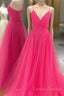 V Neck Hot Pink Backless Prom Dress, Open Back Hot Pink Long Formal Dress
