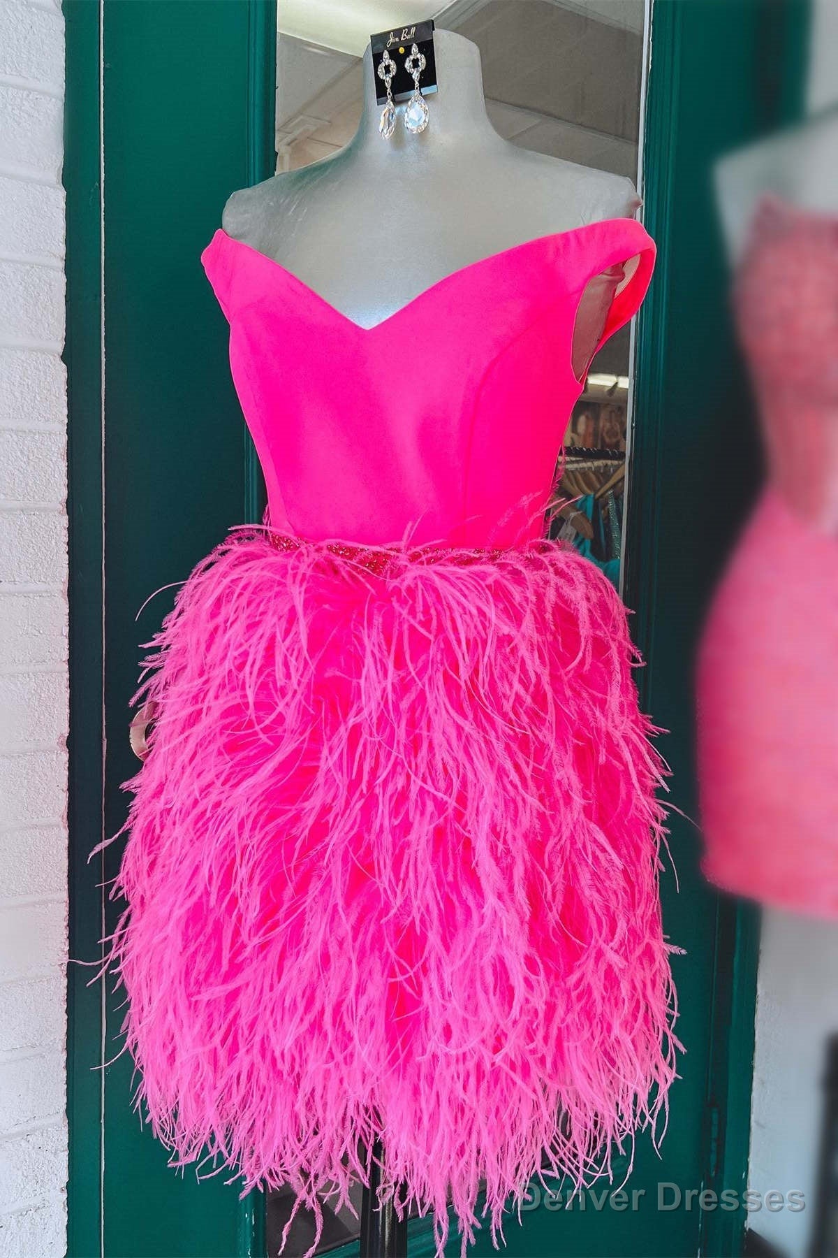V-Neck Hot Pink Tight Homecoming Dress with Feathered Skirt Main image