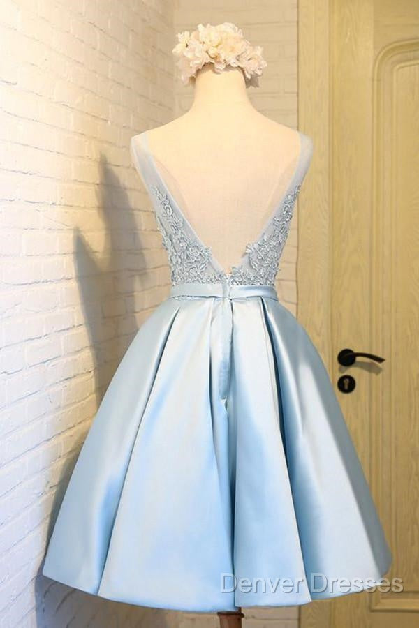 V-Neck Knee-Length Light Blue Satin Homecoming Dress With Appliques