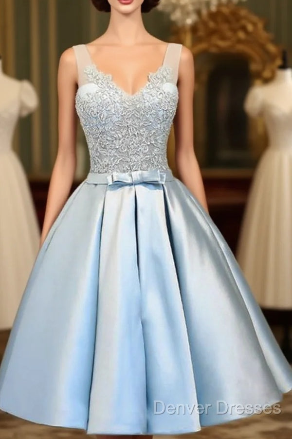V-Neck Knee-Length Light Blue Satin Homecoming Dress With Appliques Main image