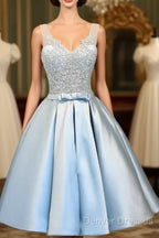 V-Neck Knee-Length Light Blue Satin Homecoming Dress With Appliques