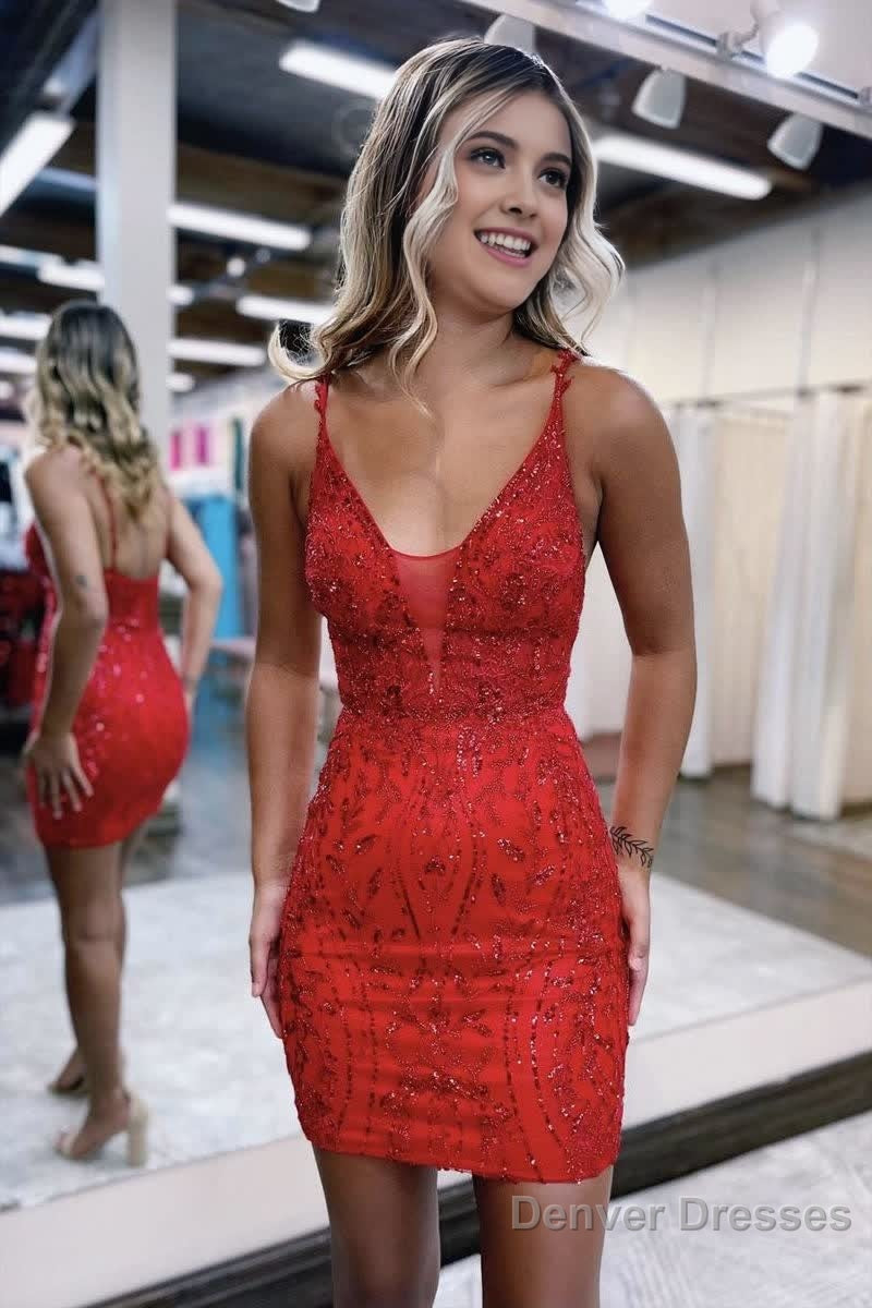 V neck Lace Appliques Short Homecoming Dress Tight Graduation Dress Main image