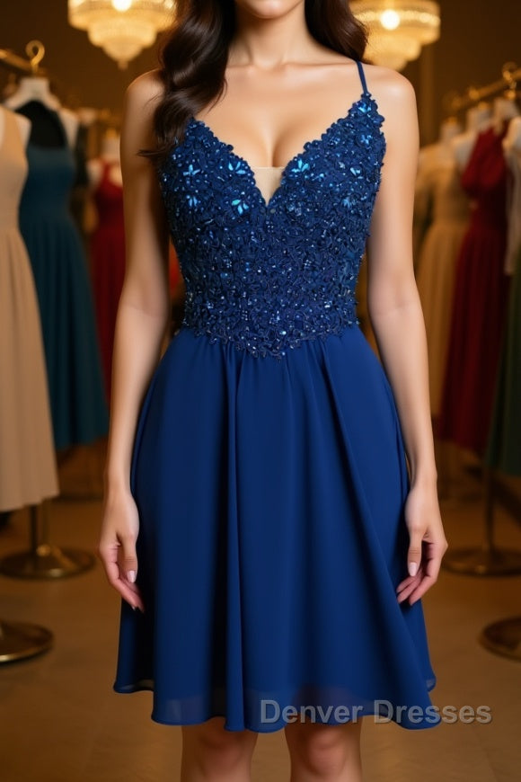 V Neck Lace Beaded Blue Homecoming Dress Short Prom Dress, Blue Lace Graduation Dress, Blue Formal Dress, Evening Dress Main image