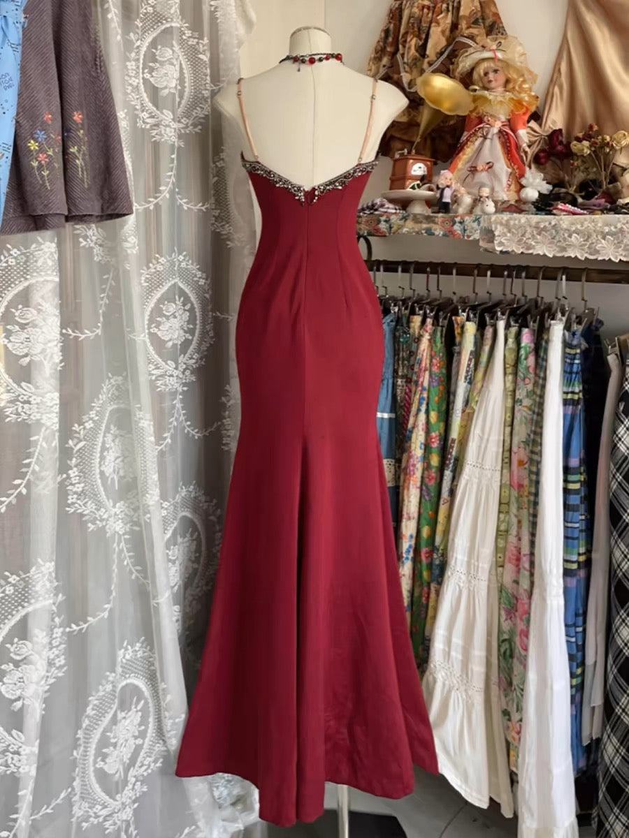 V Neck Lace Burgundy Prom Dress Vintage Mermaid Evening Party Gown Birthday Dress Secondary image