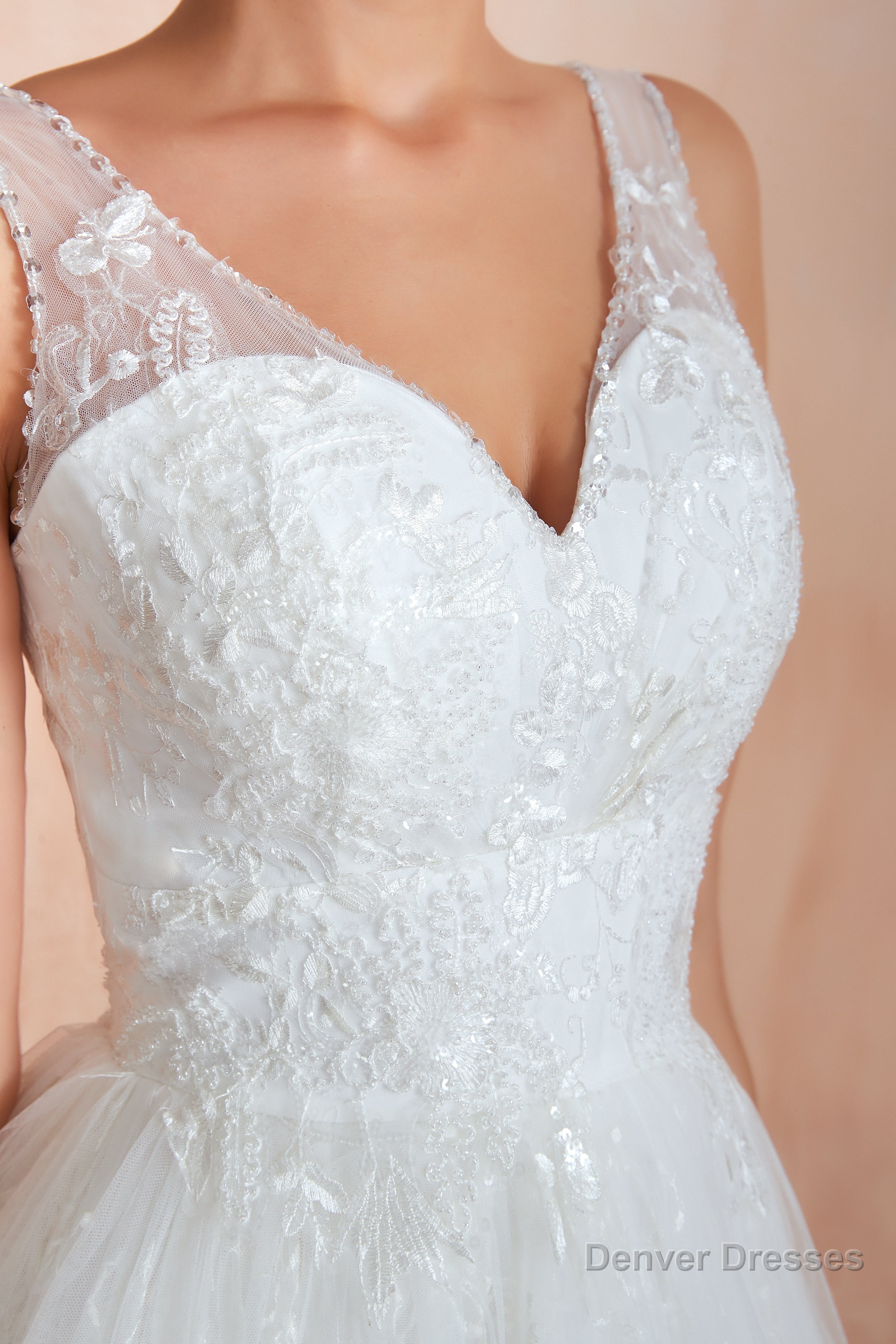 V-Neck Lace Pleated White A-Line Wedding Dresses