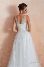 V-Neck Lace Pleated White A-Line Wedding Dresses