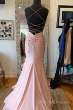 V Neck Lace-Up Back Sexy Mermaid Pink Long Prom Dress