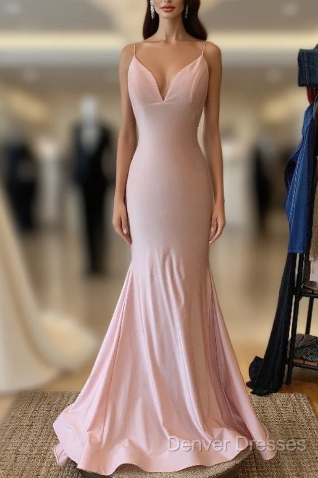 V Neck Lace-Up Back Sexy Mermaid Pink Long Prom Dress Main image