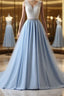 V Neck Light Blue Lace Prom Dress, Light Blue Lace Formal Evening Dress