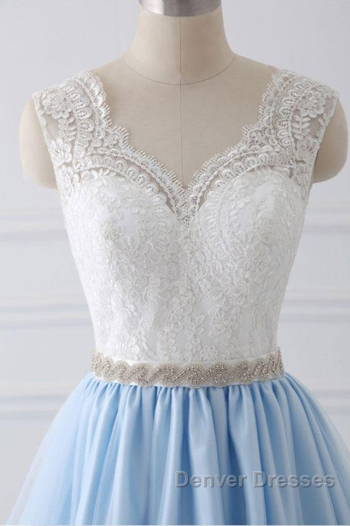 V Neck Light Blue Lace Prom Dress, Light Blue Lace Formal Evening Dress Secondary image