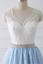 V Neck Light Blue Lace Prom Dress, Light Blue Lace Formal Evening Dress